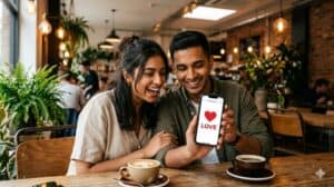 happy couple checking soulmate name matcher calculator