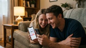 Couple checking their love compatibility percentage on a phone using a love calculator by date of birth"