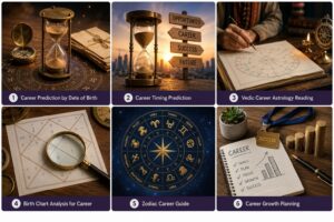 Career prediction by date of birth with hourglass, compass and letters symbolizing career timing and life direction